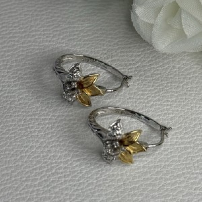 925 Sterling Silver Gold Plated Flowers Earrings Length 0.75 Inch