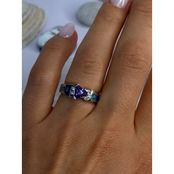925 Sterling Silver Amethyst & Beryl & Opal Ring Size 6.5