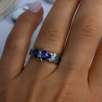 925 Sterling Silver Amethyst & Beryl & Opal Ring Size 6.5