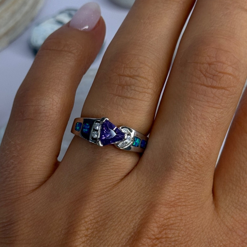 925 Sterling Silver Amethyst & Beryl & Opal Ring Size 6.5