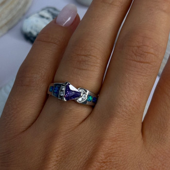 925 Sterling Silver Amethyst & Beryl & Opal Ring Size 6.5