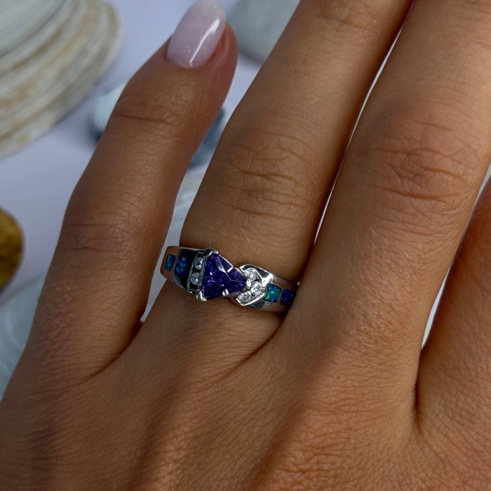 925 Sterling Silver Amethyst & Beryl & Opal Ring Size 6.5