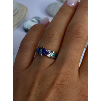 925 Sterling Silver Amethyst & Beryl & Opal Ring Size 6.5