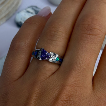 925 Sterling Silver Amethyst & Beryl & Opal Ring Size 6.5