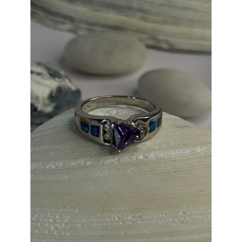 925 Sterling Silver Amethyst & Beryl & Opal Ring Size 6.5