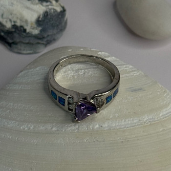 925 Sterling Silver Amethyst & Beryl & Opal Ring Size 6.5