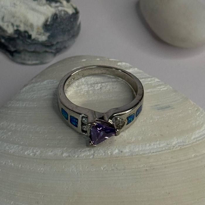 925 Sterling Silver Amethyst & Beryl & Opal Ring Size 6.5