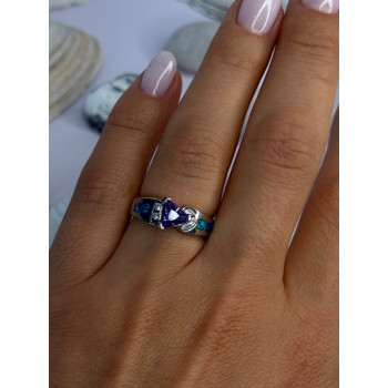925 Sterling Silver Amethyst & Beryl & Opal Ring Size 6.5
