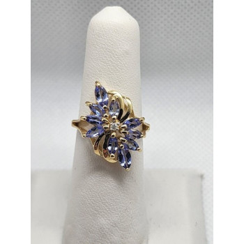 14K YELLOW GOLD TANZANITE & DIAMOND FLOWER RING  SIZE 5.5