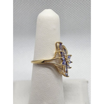 14K YELLOW GOLD TANZANITE & DIAMOND FLOWER RING  SIZE 5.5