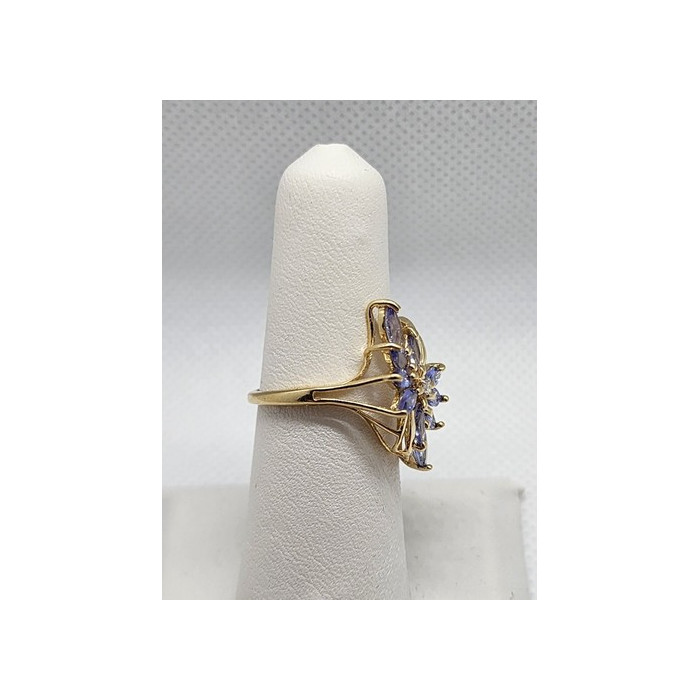 14K YELLOW GOLD TANZANITE & DIAMOND FLOWER RING  SIZE 5.5