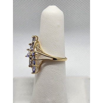 14K YELLOW GOLD TANZANITE & DIAMOND FLOWER RING  SIZE 5.5