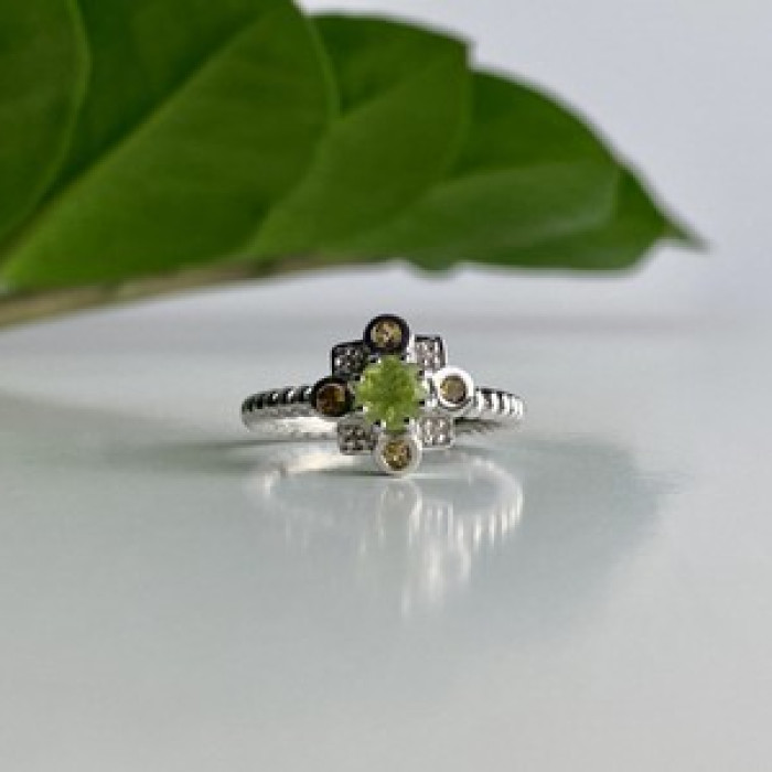 925 Sterling Silver Peridot, Citrine & White Sapphire Ring Size 7