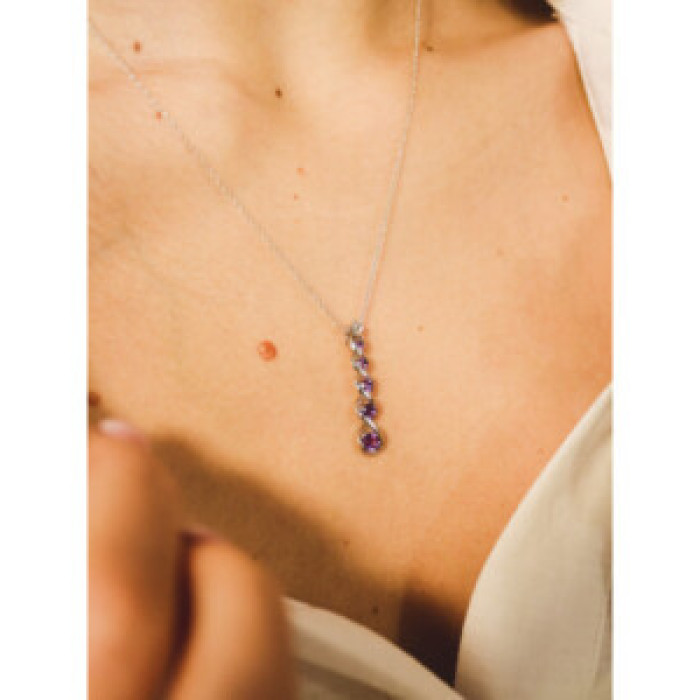 10K White Gold Amethyst & Diamond Chain With Pendant