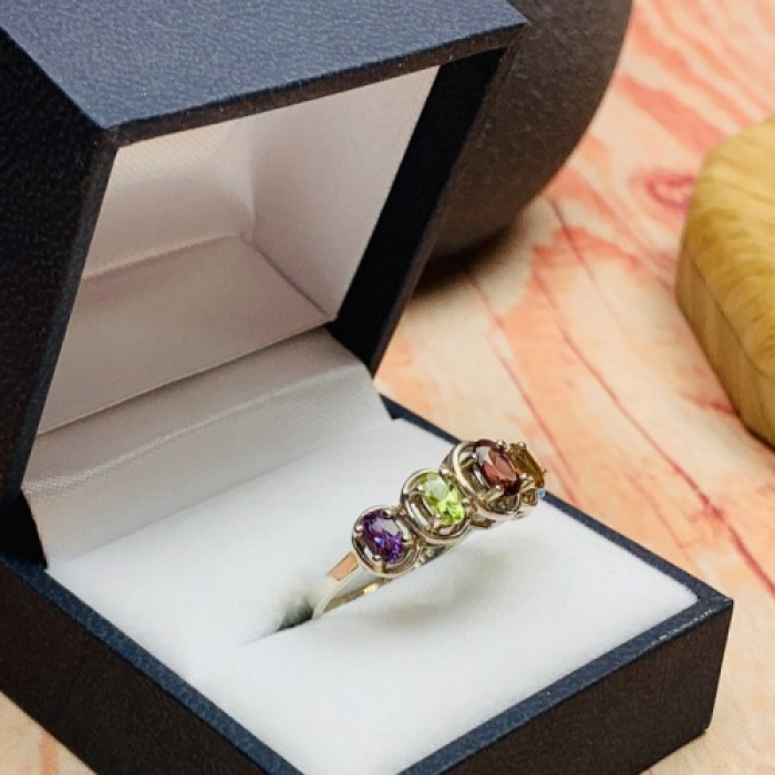 925 Sterling Silver Multi Gemstones Ring Size 9.5