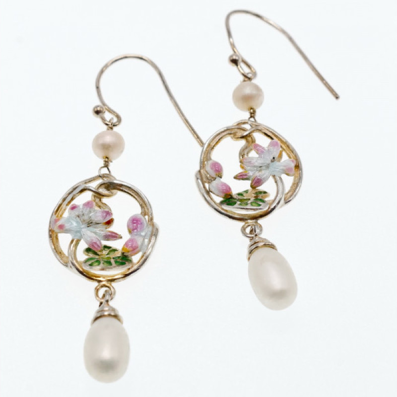 925 Sterling Silver Pearls & Enamel Earrings