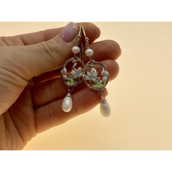 925 STERLING SILVER PEARLS & ENAMEL EARRINGS