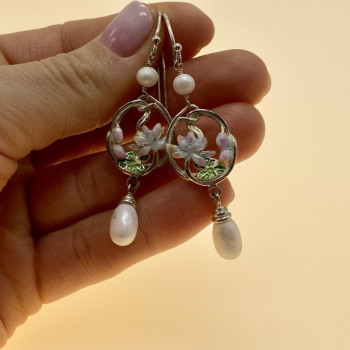 925 Sterling Silver Pearls & Enamel Earrings