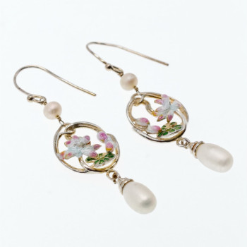 925 Sterling Silver Pearls & Enamel Earrings