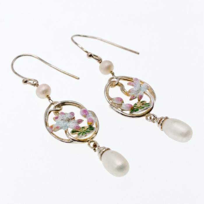 925 Sterling Silver Pearls & Enamel Earrings