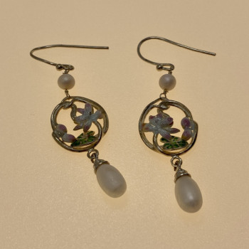 925 Sterling Silver Pearls & Enamel Earrings