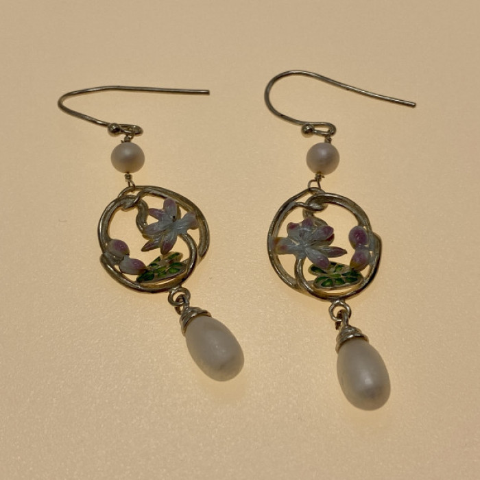 925 Sterling Silver Pearls & Enamel Earrings