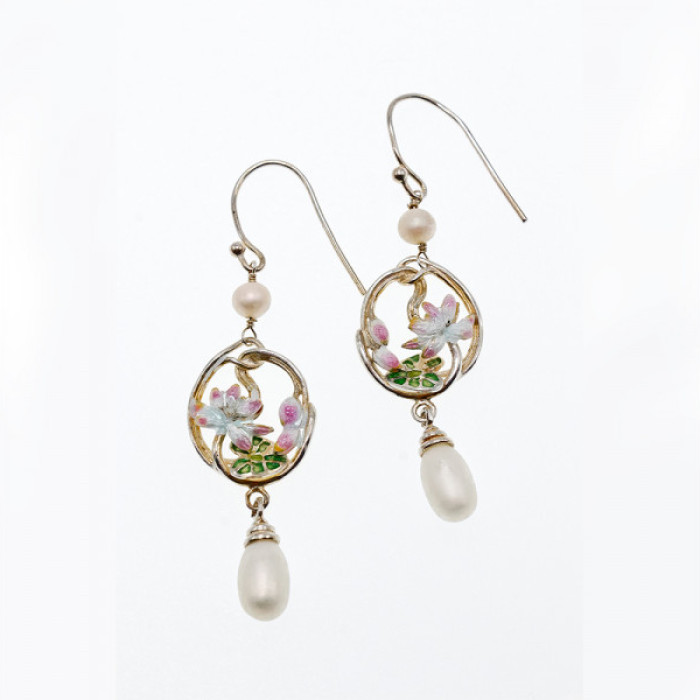 925 Sterling Silver Pearls & Enamel Earrings