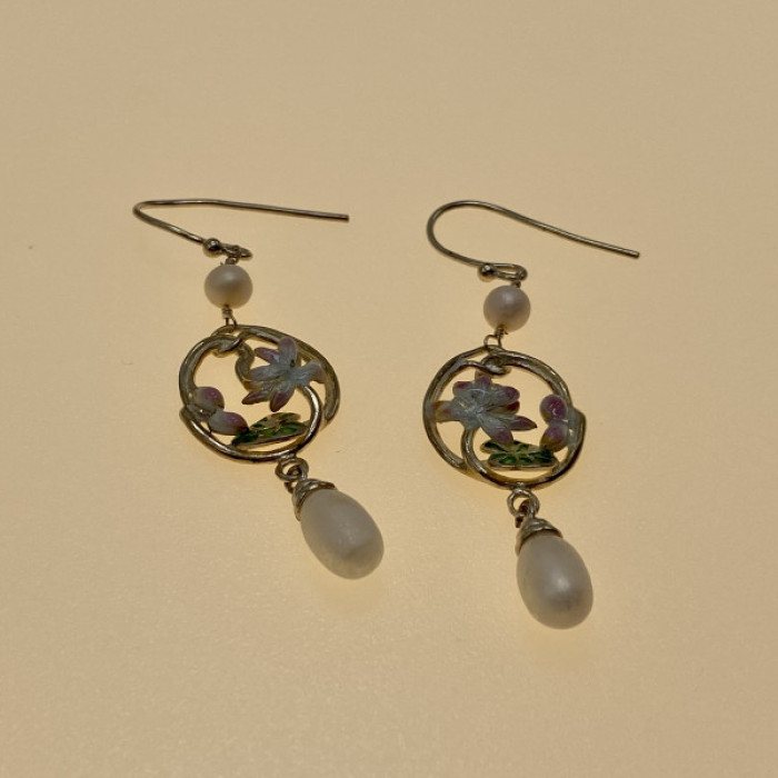 925 Sterling Silver Pearls & Enamel Earrings