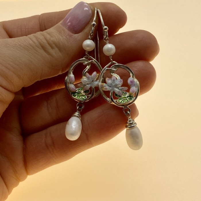 925 Sterling Silver Pearls & Enamel Earrings