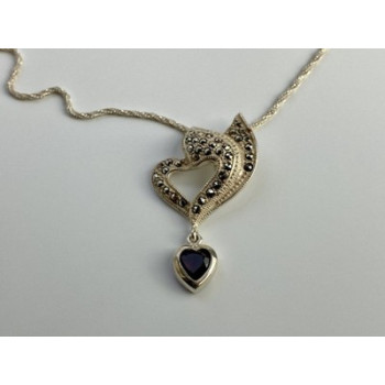 925 Sterling Silver Almandine & Marcasites Chain with Pendant