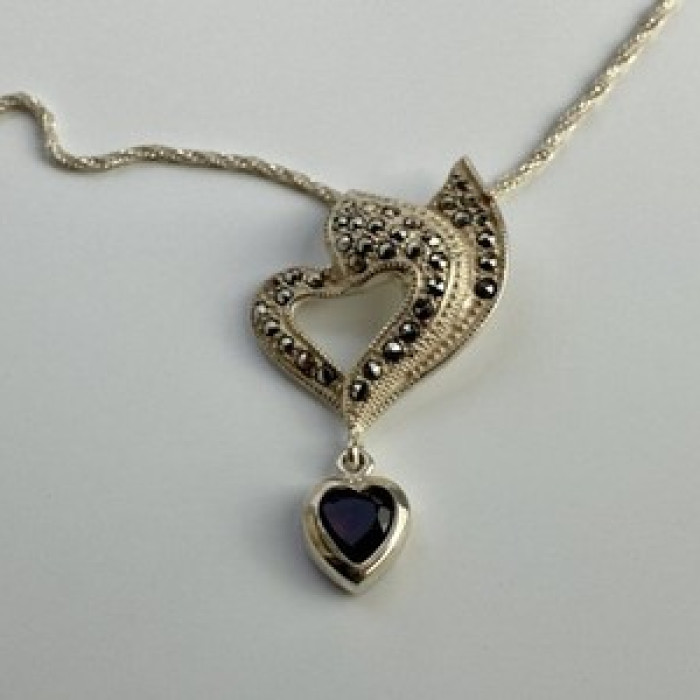 925 Sterling Silver Almandine & Marcasites Chain With Pendant