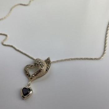 925 Sterling Silver Almandine & Marcasites Chain With Pendant