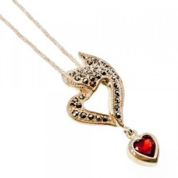 925 Sterling Silver Almandine & Marcasites Chain With Pendant