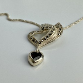 925 Sterling Silver Almandine & Marcasites Chain With Pendant