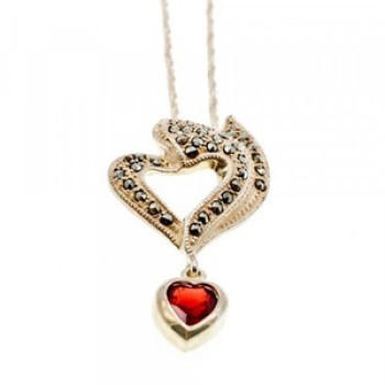 925 Sterling Silver Almandine & Marcasites Chain With Pendant