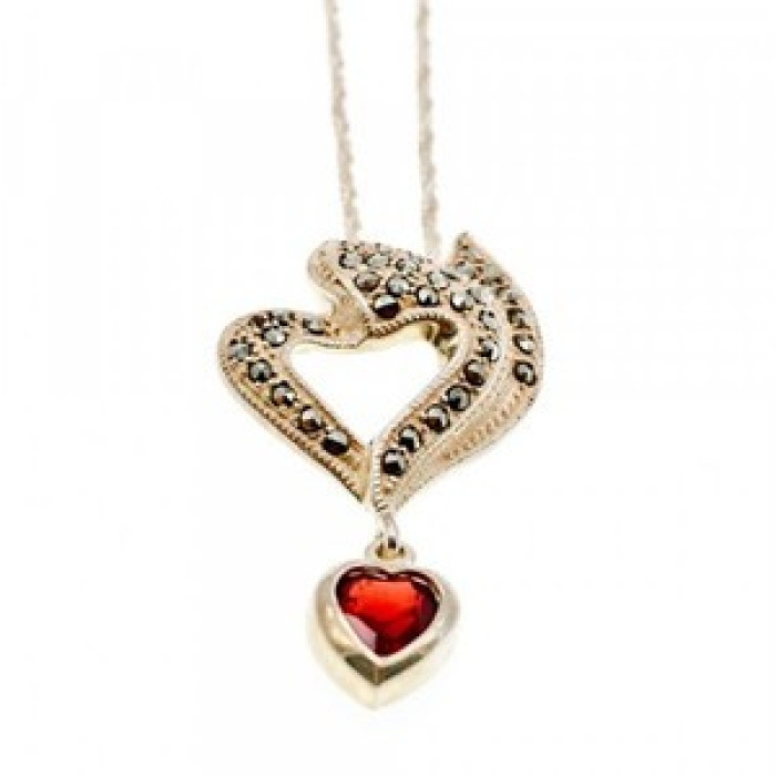 925 Sterling Silver Almandine & Marcasites Chain With Pendant