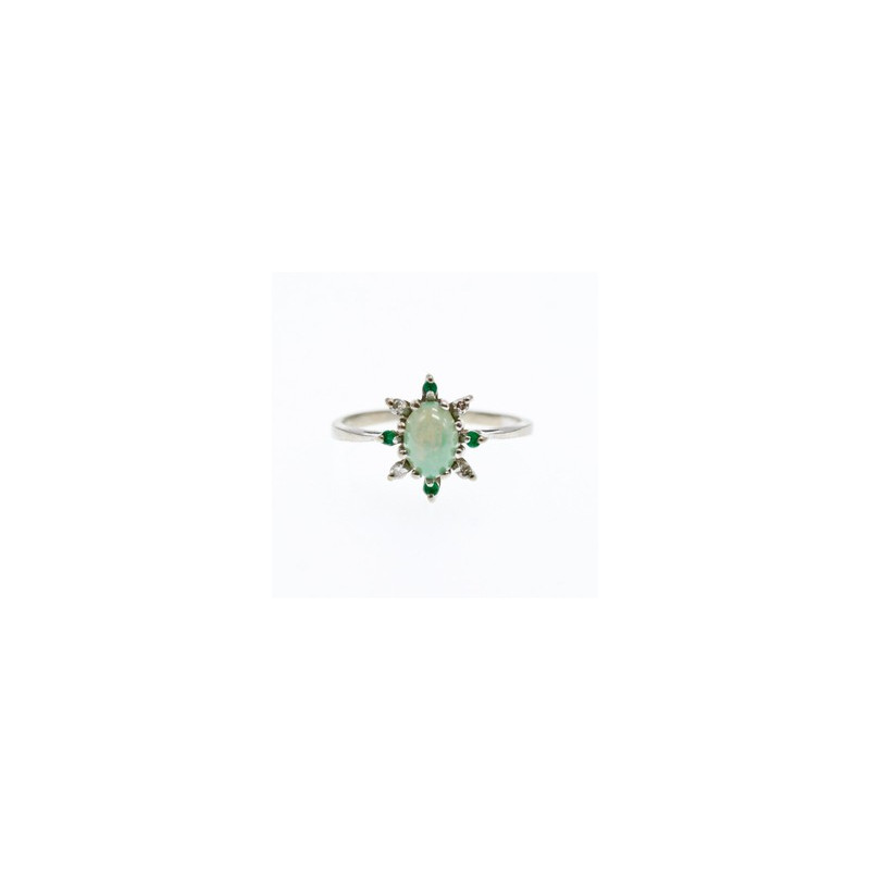 10K WHITE GOLD STAR SAPPHIRE, EMERALD & DIAMONDS RING SIZE 8.5
