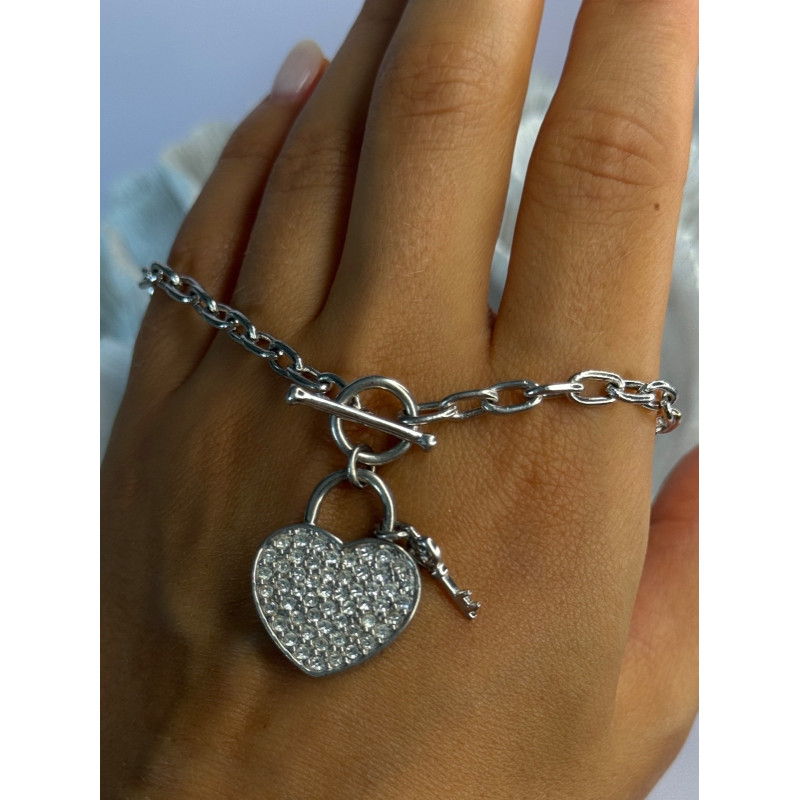 925 Sterling Silver Heart & Key CZ Bracelet Length 7.5