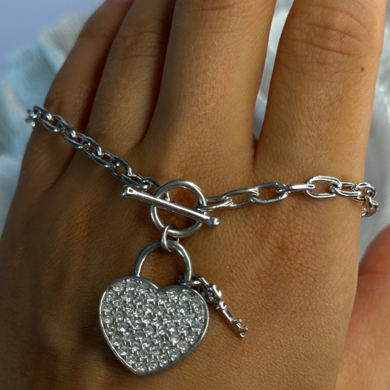 925 Sterling Silver Heart & Key CZ Bracelet Length 7.5