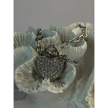 925 Sterling Silver Heart & Key CZ Bracelet Length 7.5