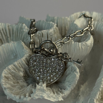 925 Sterling Silver Heart & Key CZ Bracelet Length 7.5