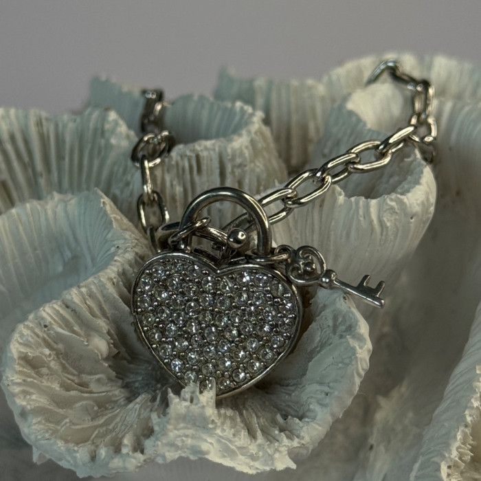 925 Sterling Silver Heart & Key CZ Bracelet Length 7.5