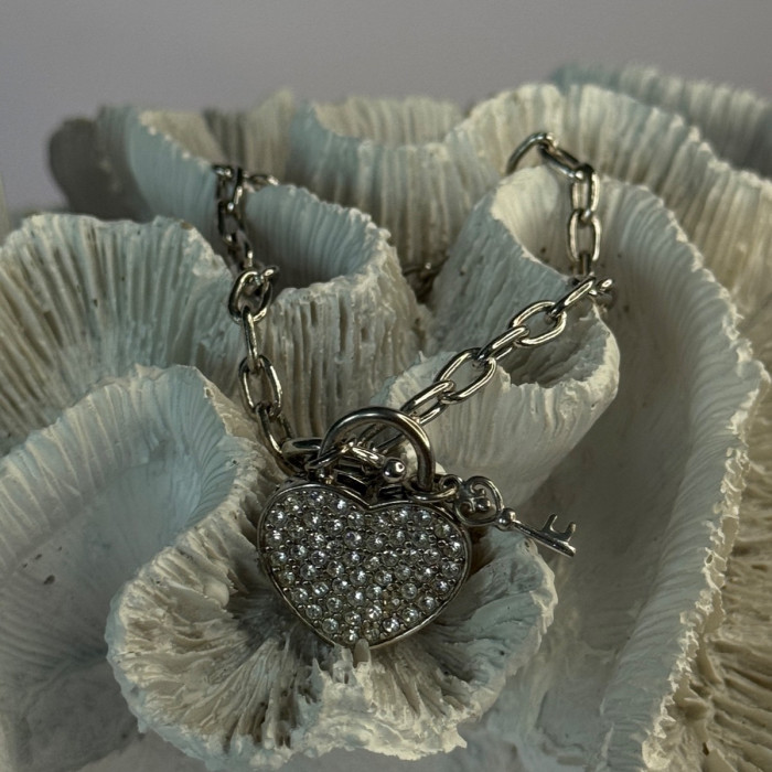 925 Sterling Silver Heart & Key CZ Bracelet Length 7.5