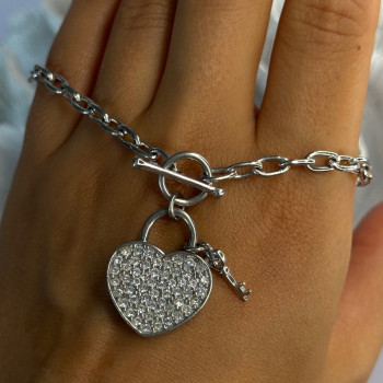 925 Sterling Silver Heart & Key CZ Bracelet Length 7.5