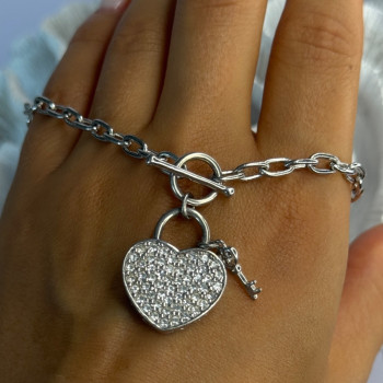 925 Sterling Silver Heart & Key CZ Bracelet Length 7.5