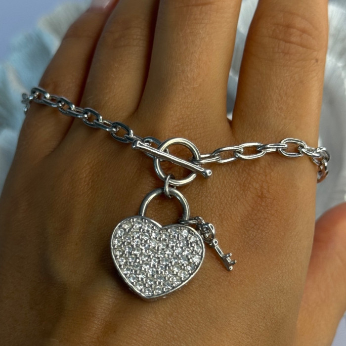 925 Sterling Silver Heart & Key CZ Bracelet Length 7.5