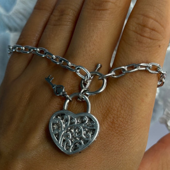 925 Sterling Silver Heart & Key CZ Bracelet Length 7.5
