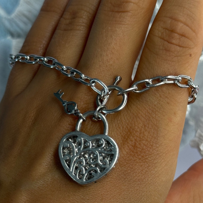 925 Sterling Silver Heart & Key CZ Bracelet Length 7.5