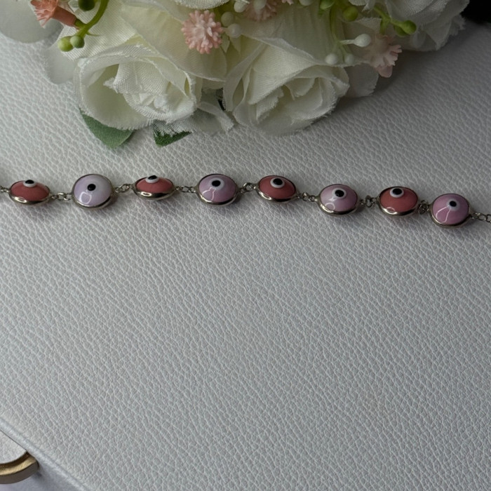Ati 925 Sterling Silver Pink Evil Eye Bracelet Length 7 Inch