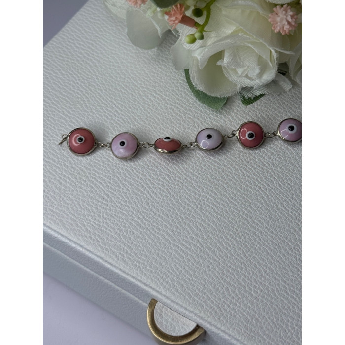 Ati 925 Sterling Silver Pink Evil Eye Bracelet Length 7 Inch